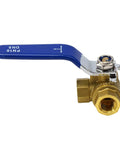 Heavy Duty 3 Way Brass Ball Valve With LT Bore Internal Thread 16 Bar Pressure Rating For Water Oil And Gas Plumbing Installs, shown from side.