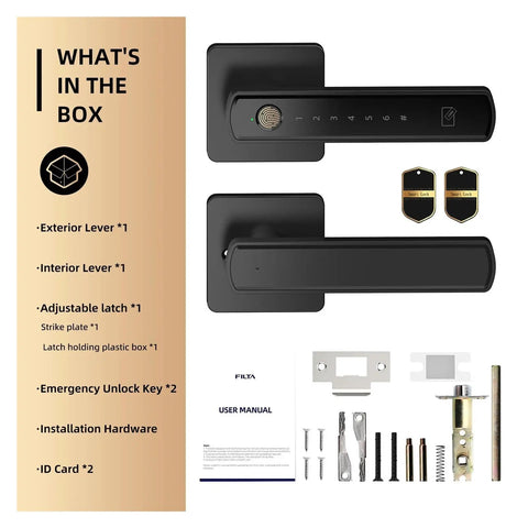Breezy Setup Smart Keyless Entry Door Lock Slam Down Secure Fingerprint Scanner components with levers, latch, manual, RFID cards.