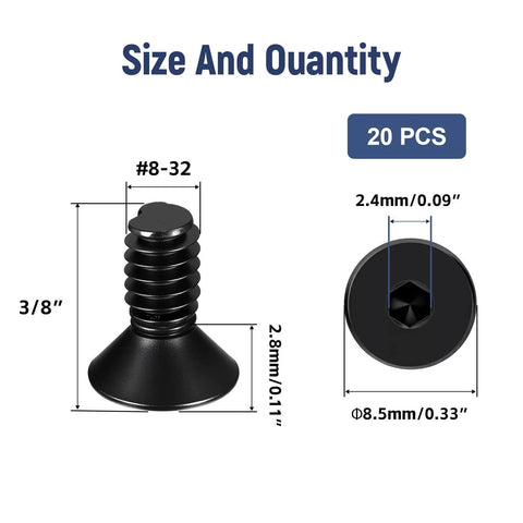 20 Pcs No 8-32 Flat Head Socket Cap Screws Pro Grade Beefy Alloy Steel 10.9 Countersunk Bolts with size dimensions.