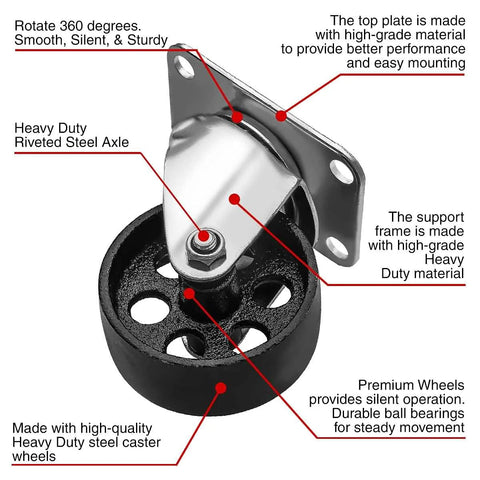 All Steel Swivel Plate Caster Wheels Set Heavy Duty High Gauge Iron Casters 1200 Lb Total Capacity with 3 Inch Wheel Diameter