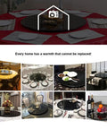 Kick Up Your Dining Game With This Premium Thirty Five Inch Black Tempered Glass Lazy Susan Turntable Featuring Feather Light Three Sixty Degree Spin For Casual Hosting Or Catering on a dining table setup.