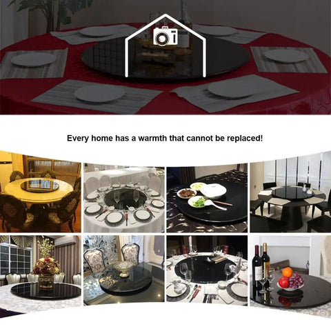 Heavy Duty Black Tempered Glass Lazy Susan on decorated dining tables, showing smooth spin motion for easy serving.