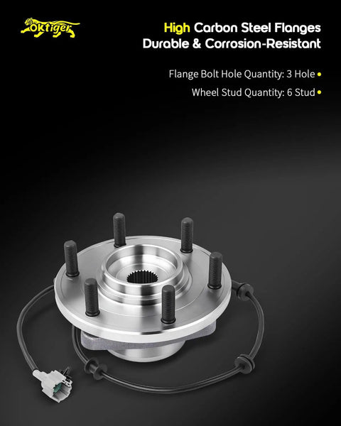 Tough As Nails Front Wheel Bearing Hub Assembly With Built In Abs And Six Lug Studs For Nissan Titan Armada And Infiniti Qx56 V8 Five Point Six Liter 4wd Only, showing close-up of high carbon steel flanges and ABS wiring.