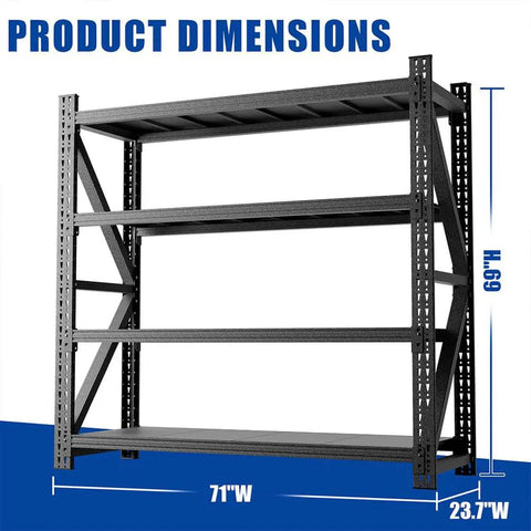 Built Like A Tank 4 Tier Heavy Duty Garage Shelving Unit Dang Sturdy 5000 Lbs Total Weight Capacity Adjustable Metal Storage Rack dimensions 71 inches wide by 69 inches high.