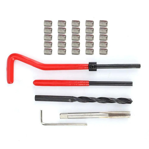 30-Piece Heavy-Duty Thread Repair Kit For Aluminum And Soft Metals With Stainless Steel M6x1 Threaded Inserts, Drill, Tap, And Wrench Tools layout
