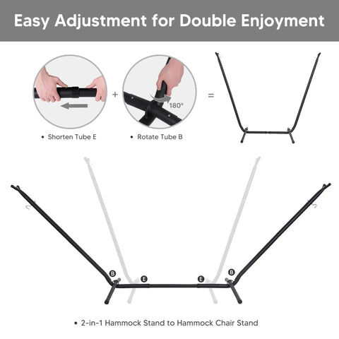 2 In 1 Portable Hammock With Stand Included Convertible Double Hammock To Hammock Chair Outdoor Patio Lounger for Backyard Camping Sunroom Patented Adjustable Stand Dark Grey adjustment diagram