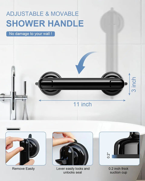Upgraded No Drill Suction Shower Grab Bar With Solid Grip, adjustable 11 inch shower handle in matte black for smooth tile.