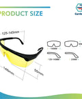 Hardcore UV Protective Safety Glasses With Snug Yellow Tint Anti Fog And Anti Glare Shield wraparound lens size diagram showing dimensions.