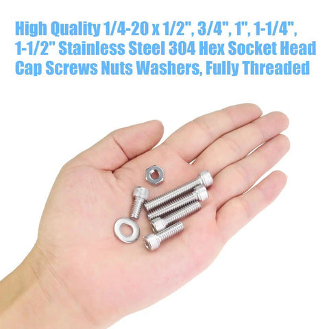 Top Shelf Solid 66 Piece 1/4-20 Hex Socket Head Cap Screw And Nut Washer Assortment Kit Packed With 304 Stainless Steel Bolts held in hand.