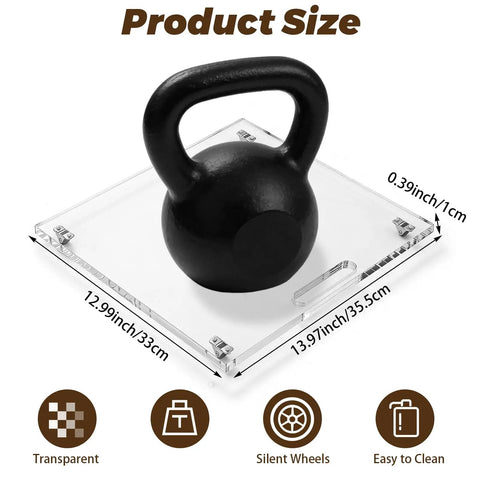 Premium Acrylic Appliance Slider With Quiet Rubber Wheels Moves Heavy Coffee Makers Mixers And Air Fryers Like A Breeze on clear tray with kettlebell.