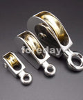Premium 75Mm Zinc Alloy Window Roller Pulley Featuring Rock Solid Build And Butter Smooth Glide Versatile Fixed Lifting Hoist Wheel For DIY Projects And Rigging Runs Complemented By A Dope Ten Piece Pack in three size variations on black background.