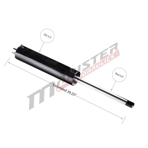 Heavy Duty Workhorse Double Acting Hydraulic Cylinder For Dump Trailers 5 Inch Bore 15.75 Inch Stroke 3500 Psi shown with 5.5 inch OD and 39.25 inch extension.