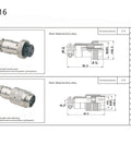 Diagram of GX16 4 Pin Double Female Aviation Cordset with zinc alloy material and dimensions for marine and DIY projects.
