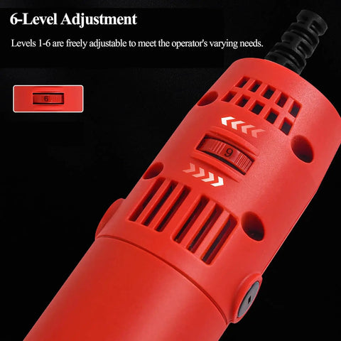Badass Right Angle Grinder Featuring A Beast Mode Five Hundred Watt Motor With Six Adjustable Speed Settings For Polishing Tile Seams And Deburring Grout Lines Smoothly Every Time close-up of 6-speed adjustment on red grinder body.