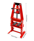 Rock Solid 6 Ton Hydraulic Press Built Tough For Bearing Bushing Swaps And Real Shop Work With Adjustable Carbon Steel Frame front view with dimensions.