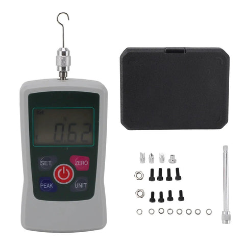 Top Shelf Slick Digital Force Gauge And Handheld Push Pull Tester shows 0.62N reading with accessories and case.