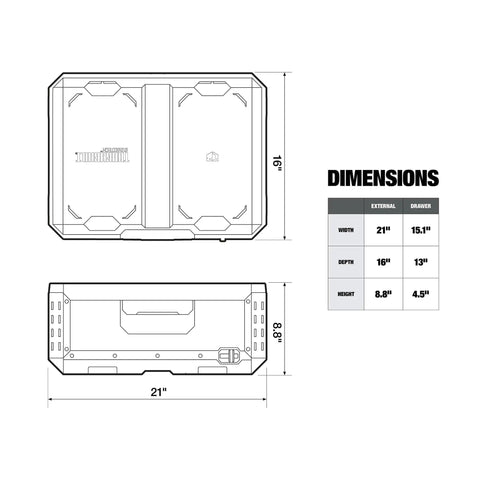 Technical drawing of StackTech 1 Drawer Tool Box With Auto Latching Drawers, 50 lb capacity, showing dimensions and layout.