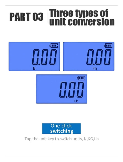 Top Notch Digital Force Gauge Offering Slick Pull And Push Measurements showing three unit conversion displays: N, Kg, Lb.