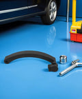 Rugged Replacement Handle For Tire Balancing Machine With Hella Accurate Measurement Grip Universal Fit For Motorcycle And Car Wheel Tools No Sweat Diy Auto Shop Accessory displayed on blue workshop floor next to tools.