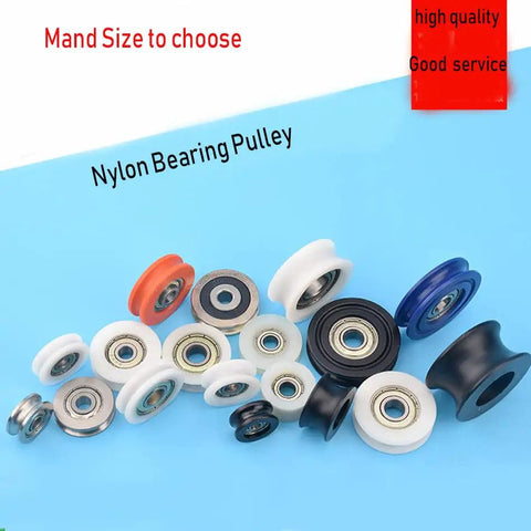Various sizes of Rock Solid 5 Pack Nylon Pulley Wheels With Quiet Ball Bearings For U Groove Tracks shown on blue background.