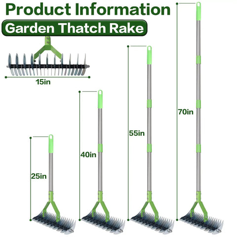 Thatch Rake For Lawn With 65 Inch Handle, Beast 14 Inch Dethatching Rake showing sizes, heavy duty steel rake dimensions.