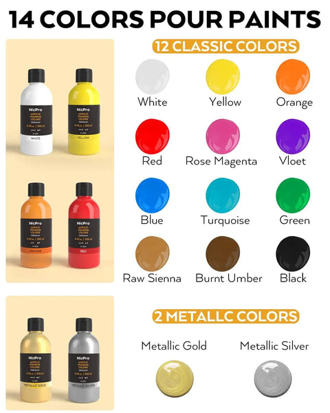 14 Colors Acrylic Pour Paint Kit With Premixed High Flow Paints 8.45oz in 12 classic colors and 2 metallic colors