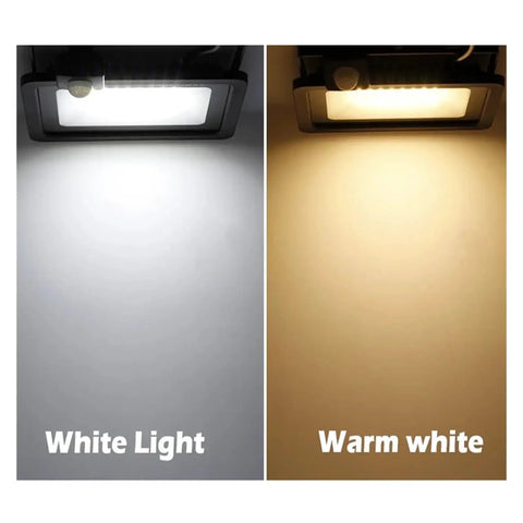 JUDYSSY Pir Motion Sensor Led Flood Light 220 Waterproof Spotlight showing white light and warm white light contrasts.
