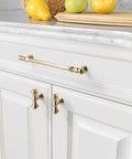 Premium Brushed Brass Cabinet Handles 6 Pack Fresh Gold Drawer Pulls For Kitchen Cupboards on white cabinets with fruit.