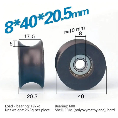 5 Pack Nylon U Groove Pulley Wheels With Embedded Ball Bearings Fits 8mm Bore And 40mm Outer Diameter, showing dimensions and POM construction.