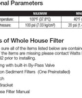 Label listing operational parameters and contents of Whole House Water Filtration Kit With Built In Bypass Valve.