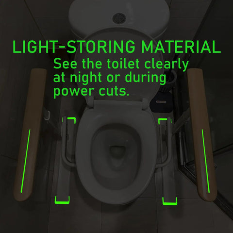 Heavy Duty Toilet Safety Rails For Seniors With Nighttime Reflective Armrests And Base No Fuss Height Adjustments Bulletproof Bathroom Support Bar Fits Standard Toilets Wood Trim showing light-storing material near toilet.