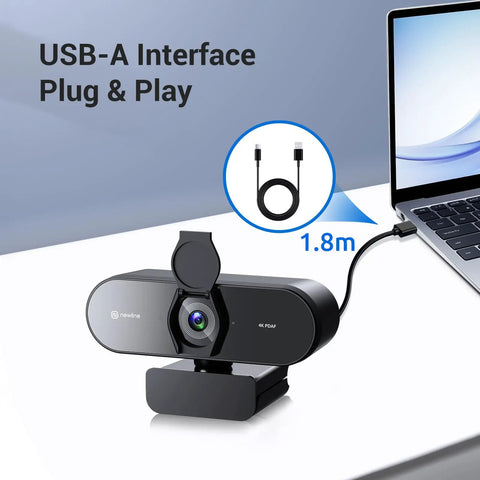 4K Webcam With PDAF Autofocus, Privacy Cover, Dual Mics connected to laptop, showcasing plug and play USB feature, cable length 1.8m