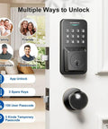 Super Slick Smart Door Lock With App Control showcasing backlit keypad and dual knob; features multiple unlocking options.