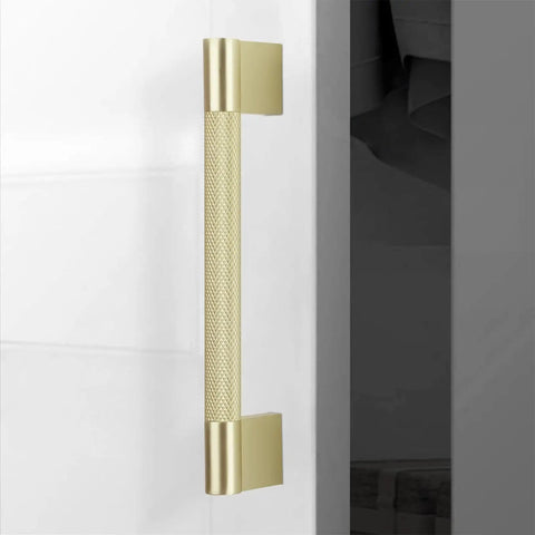Boss Level Brushed Brass Cabinet Pulls Featuring A Knurled Grip Texture Premium Kitchen Drawer Handles With Damn Tough Corrosion Defense Solid 10 Pack close-up view showing knurled texture.