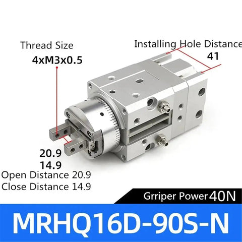 Top Shelf Angular Rotary Pneumatic Cylinder Piston Grip Unit Plug And Play Setup Smooth Operation Built Tough To Crush Any Job Fast Install Zero Hassle Guarantee MRHQ16D Model showing detailed dimensions and features.