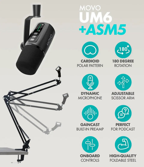 Movo UM6 dynamic microphone with adjustable scissor arm for podcasting, featuring onboard controls and cardiod polar pattern.