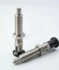 M16 Indexing Plunger Shop Grade Self Locking Reset Pin with stainless steel spring and aluminum knob, shown at different angles.