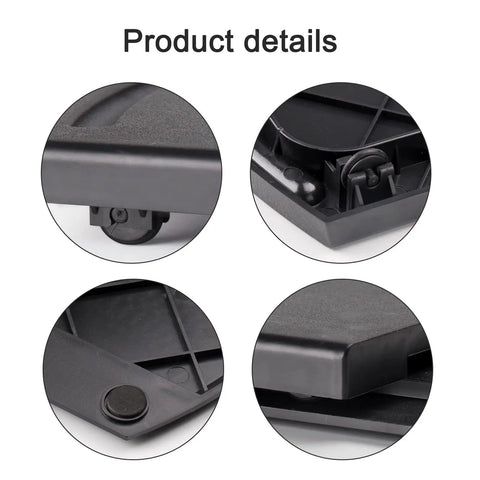 Close-up details of Slick Heavy Duty Kitchen Appliance Slider With Low Profile Rolling Wheels, showcasing durable black plastic and smooth rollers.