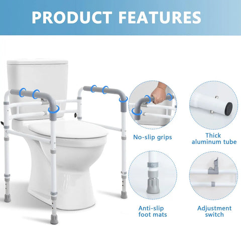 Heavy Duty Toilet Safety Rail For Seniors With Adjustable Height And Width Frame No Nonsense Support Handles Up To 350 Lbs Non Slip Bathroom Grab Bar installed beside toilet showcasing no-slip grips and adjustment features.