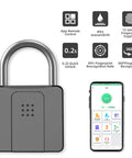 Heavy Duty Fingerprint Padlock With Bluetooth Outdoor Waterproof Smart Lock For Gates Fences Lockers Gyms Cabinets And Warehouses App Enabled 15 Fingerprints Includes 2 Keys shown with app and features icons