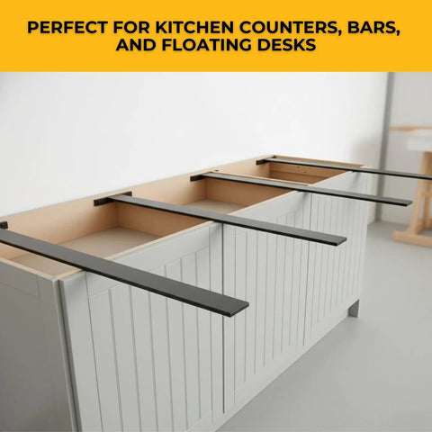 Heavy Duty Countertop Support Bracket Hidden Ladder Brace For Granite And Quartz Black Powder Coated Steel Kicker Free No Hassle Setup Rock Solid Overhang Support Hardware For Smooth Kitchen Reno Job 24 Inches Long with black braces under kitchen counters.