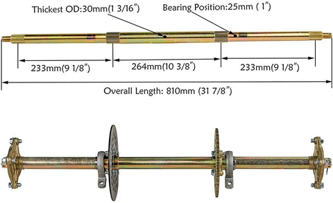 Beefed Up Rear Live Axle Kit With 5 Inch Wheel Assembly, 428 Sprocket Hub And Brake Caliper, 11x7.10-5 Tires diagram and specs.