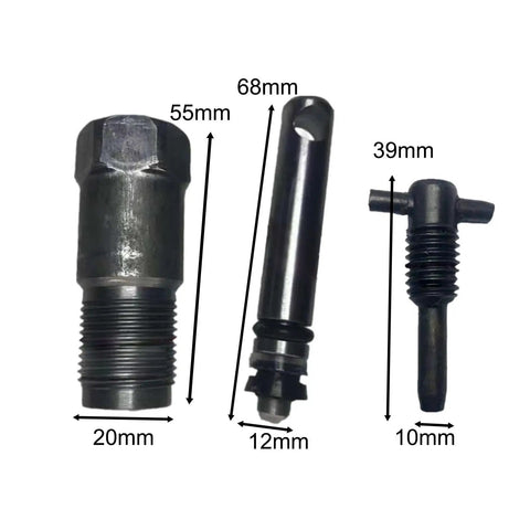 Heavy Duty Hydraulic Oil Pump Swap Kit Compatible With Vertical Jacks Under 20T showing three metal parts with dimensions for repair.