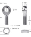 Heavy Duty Three Quarter Joint Rod Ends Spherical Pivot Bearings For Oscillating Rotation And No Hassle Misalignment Fixes On Custom Rigs And Build Projects, dimensions and details.