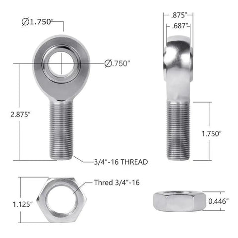 Heavy Duty Three Quarter Joint Rod Ends Spherical Pivot Bearings For Oscillating Rotation And No Hassle Misalignment Fixes On Custom Rigs And Build Projects, dimensions and details.