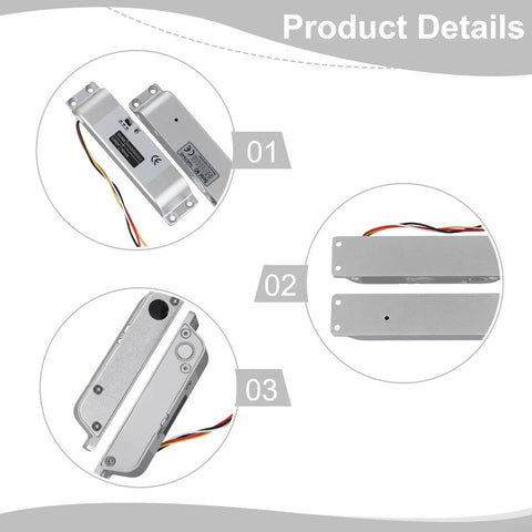 Heavy Duty Stainless Steel Electric Drop Bolt Lock With Adjustable Zero To Six Second Delay For Daily Entry Doors top and side views showing details.