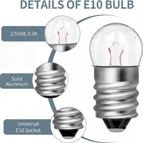 20 Pack Real Deal E10 Miniature Screw Light Bulbs 2.5V 0.3A Tiny Replacement Warm Glow for Toy Cars and Circuit Models Rock Solid E10 Socket Mini Bulb Haul, detailed view of E10 bulb components.
