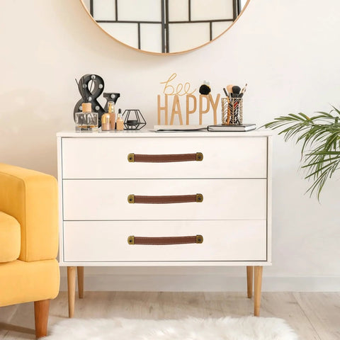 Dresser featuring Leather Drawer Pulls Set Of 2 With Mounting Screws Brown PU Leather Trunk Handles and Cabinet Pulls installed