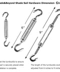 Triangle Shade Sail Hardware Kit Stainless Steel 304 Marine Grade Includes Turnbuckles Pad Eyes Snap Hook 18 Piece DIY Ready Outdoor Installation Kit Weather Resistant For Patio Lawn Garden Silver, turnbuckles dimension shown
