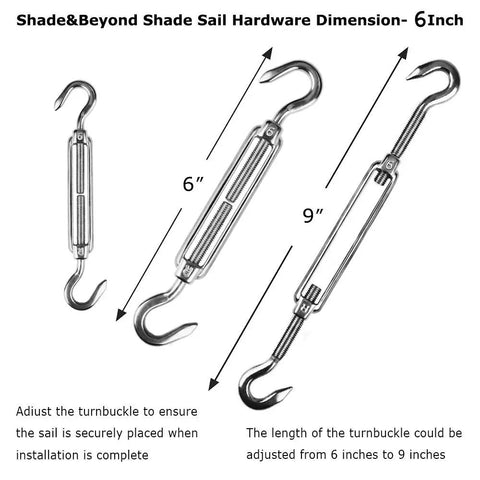 Triangle Shade Sail Hardware Kit Stainless Steel 304 Marine Grade Includes Turnbuckles Pad Eyes Snap Hook 18 Piece DIY Ready Outdoor Installation Kit Weather Resistant For Patio Lawn Garden Silver, turnbuckles dimension shown